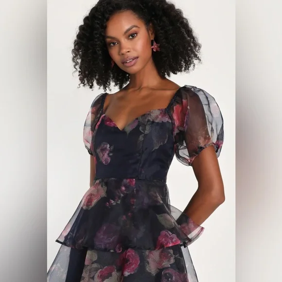Oh-So Stunning Navy Blue Floral Organza Tiered Midi Dress - Picture 3 of 3
